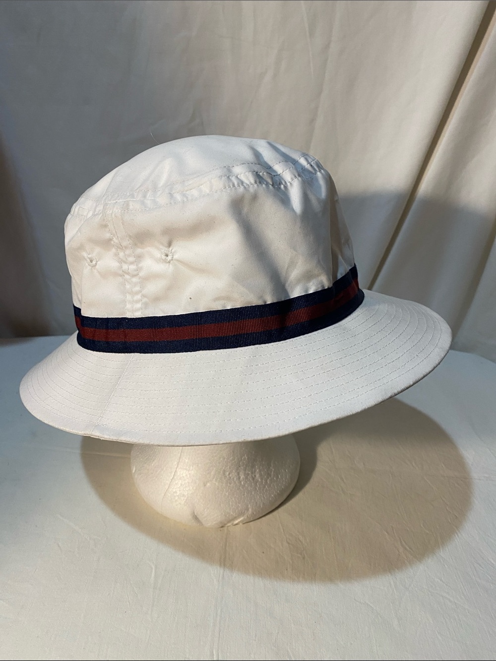Men's White Bucket Hat with Navy and Burgundy Stripe Trim